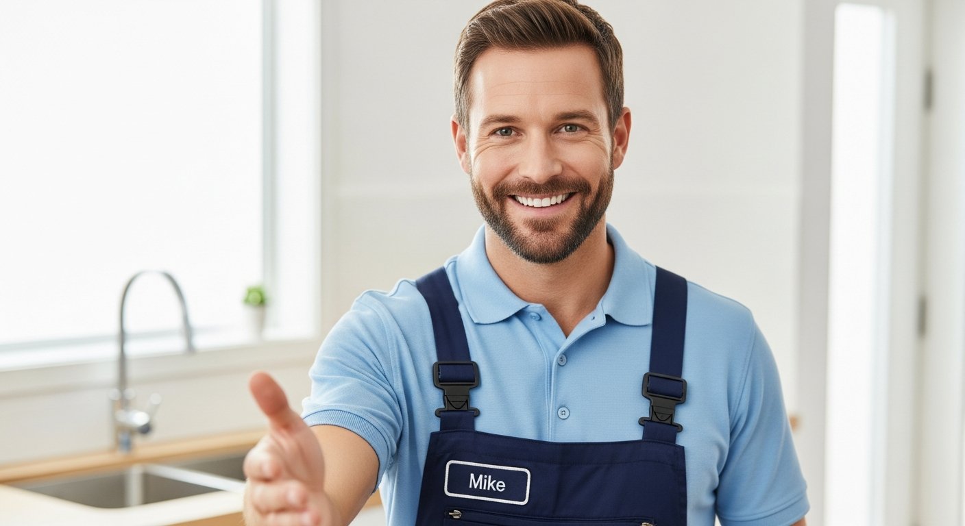 Friendly L17 plumber arriving at a Liverpool terraced house front door to greet a homeowner