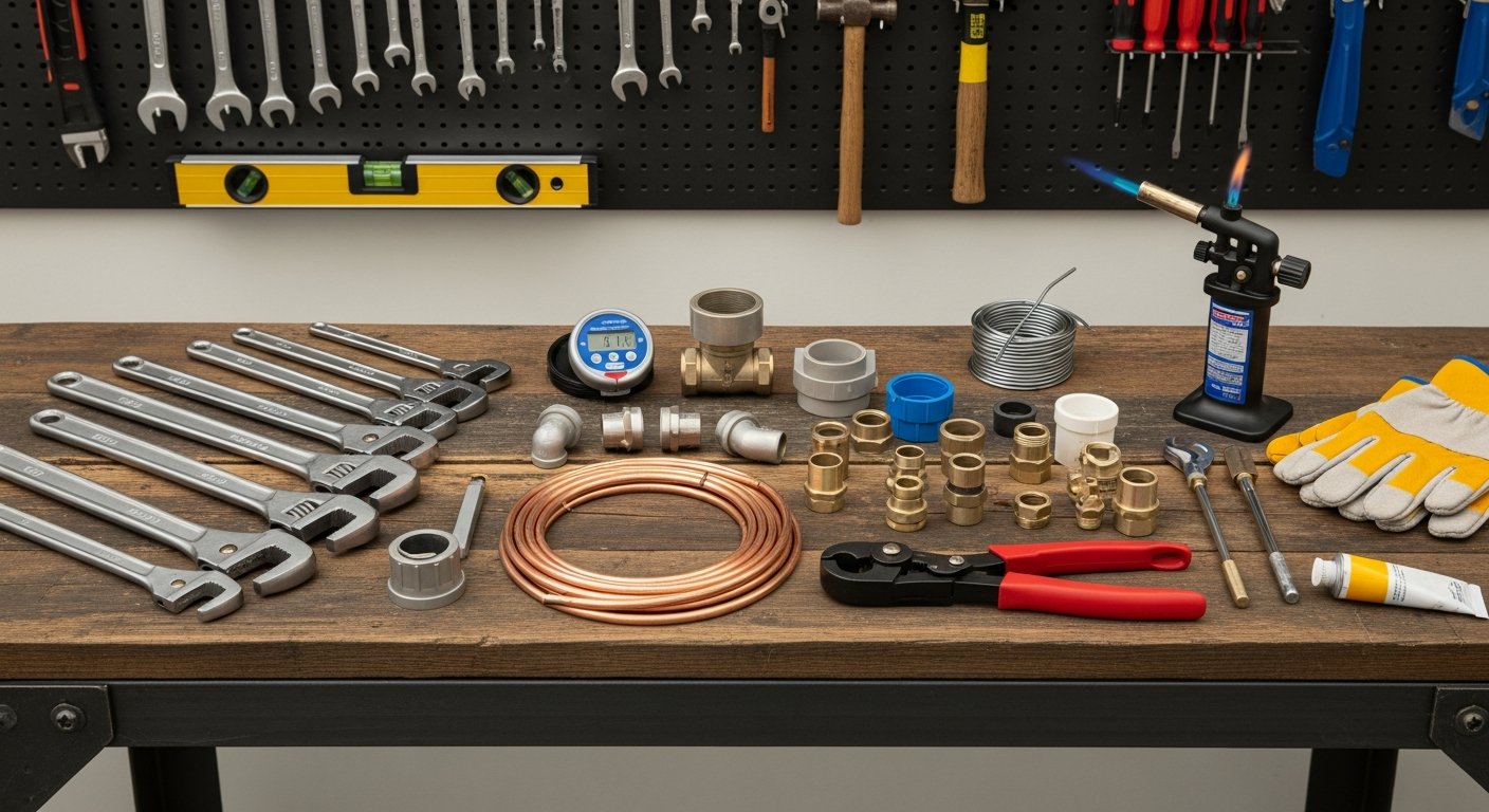 Professional plumbing tools and copper fittings arranged on a workbench